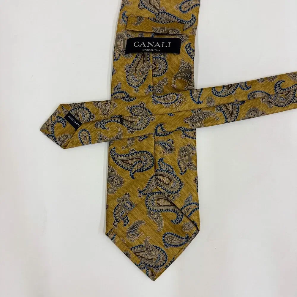 Canali Gold Tan Blue Paisley 100% Silk Tie Made in Italy Men's Designer Classic